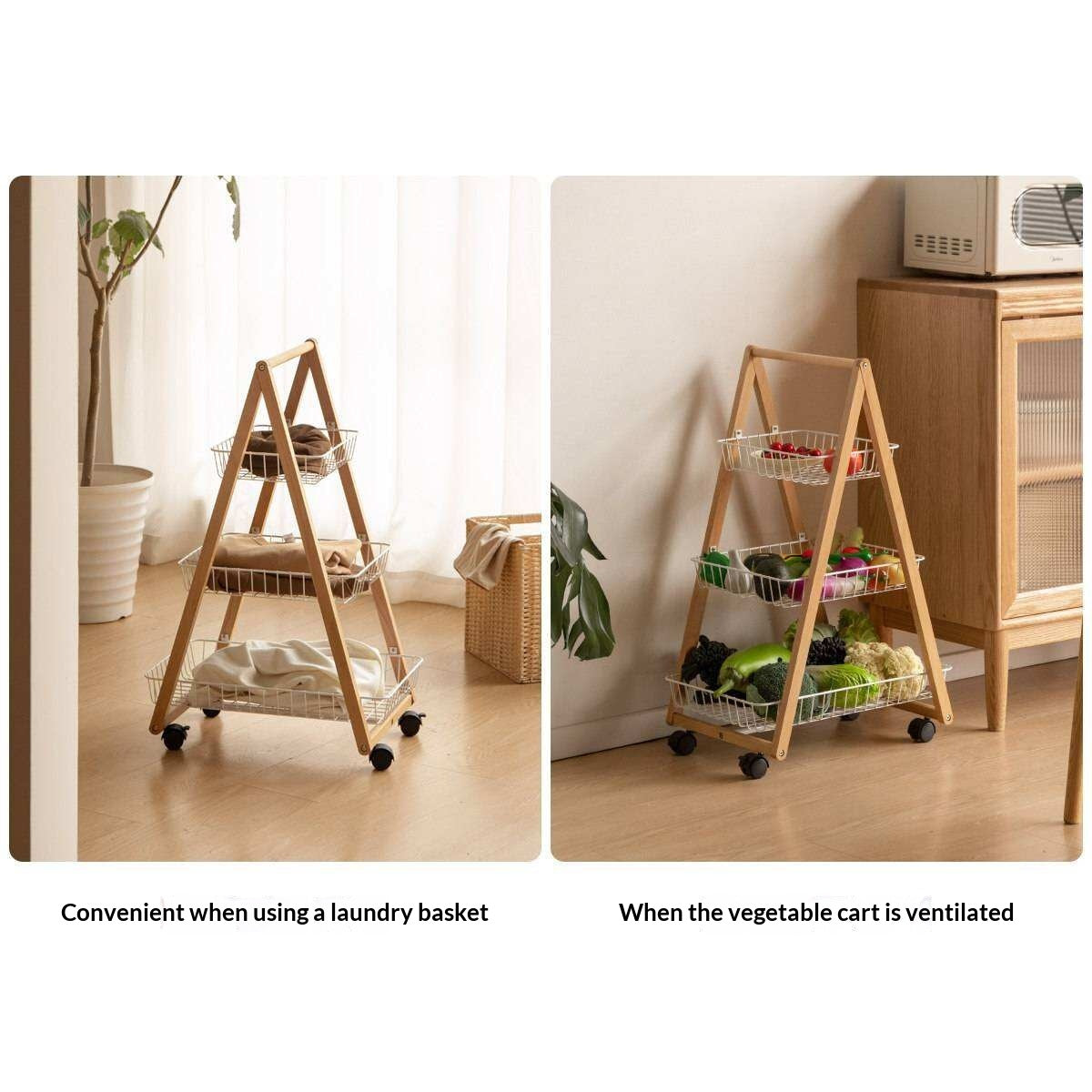Beech Solid Wood Storage Rack with Multi-Layer and Mobile Trolley
