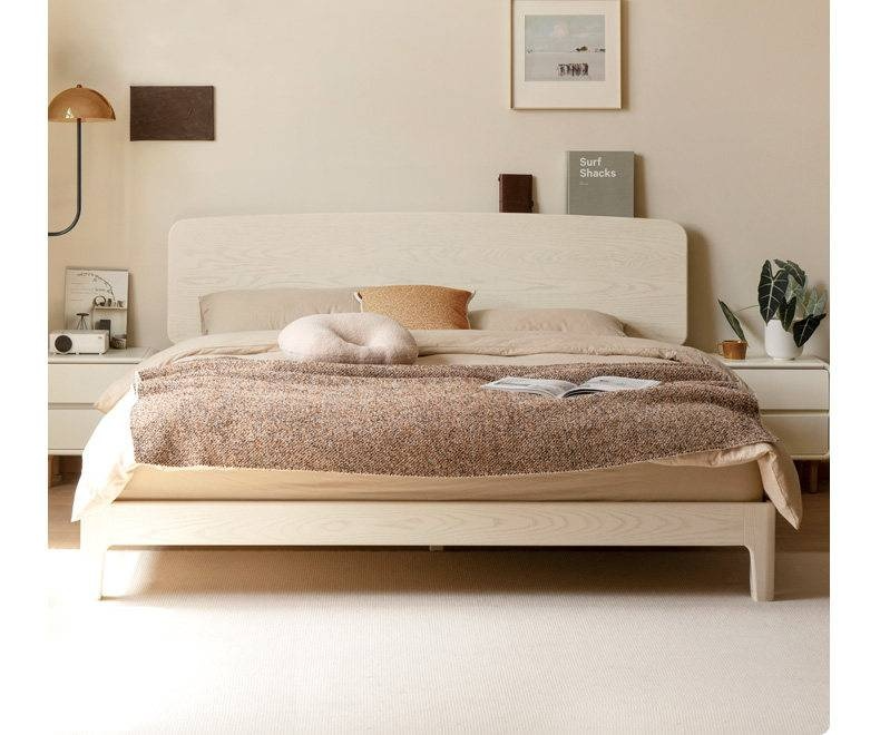 Oak Solid Wood Bed — Cream Style with Slanted Backrest