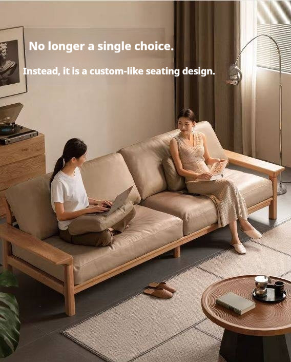 Oak, Ash Solid Wood Wabi Sabi Style Genuine Leather Sofa, fabric sofa