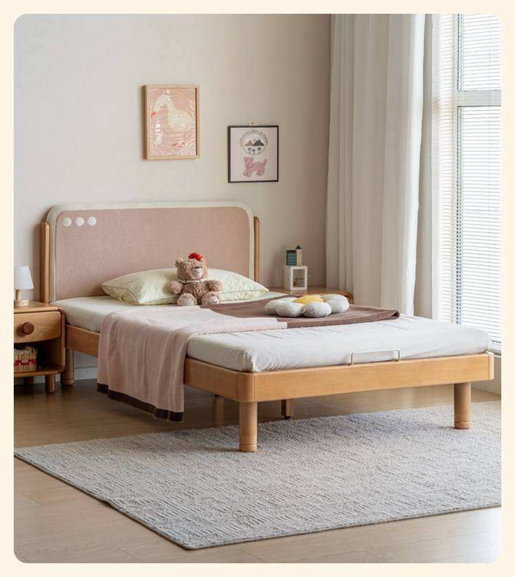 Beech Solid Wood Kids Montessori Platform Bed with Upholstered Headboard