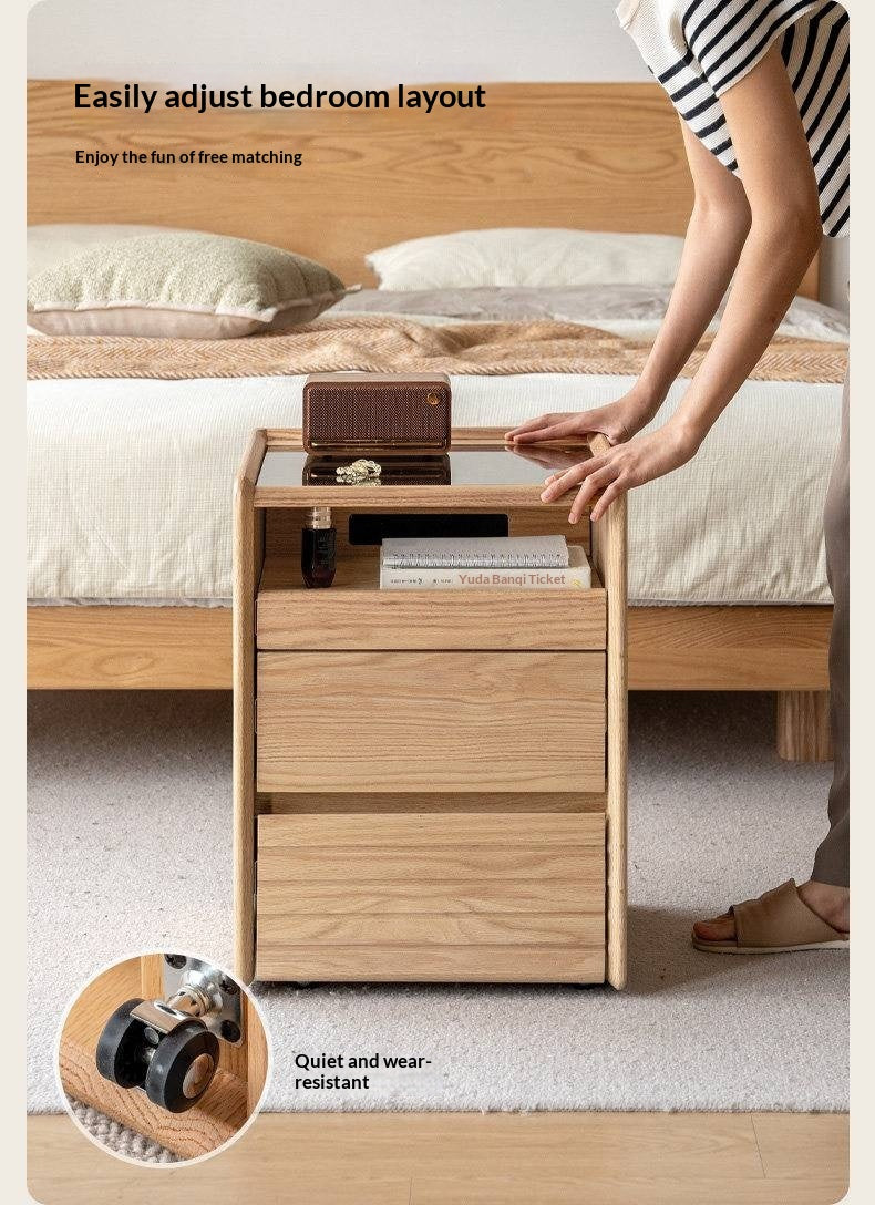 Ash Solid Wood Nightstand With Glass Top