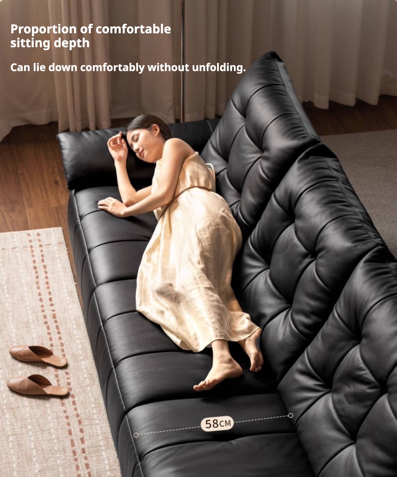 Pine Solid Wood Big Black Functional Leather Sofa