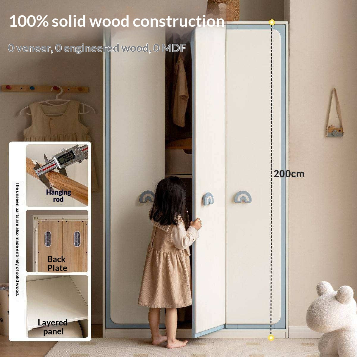 Solid RubberWood Kids Modular Wardrobe Closet with Multi-Size Storage Options
