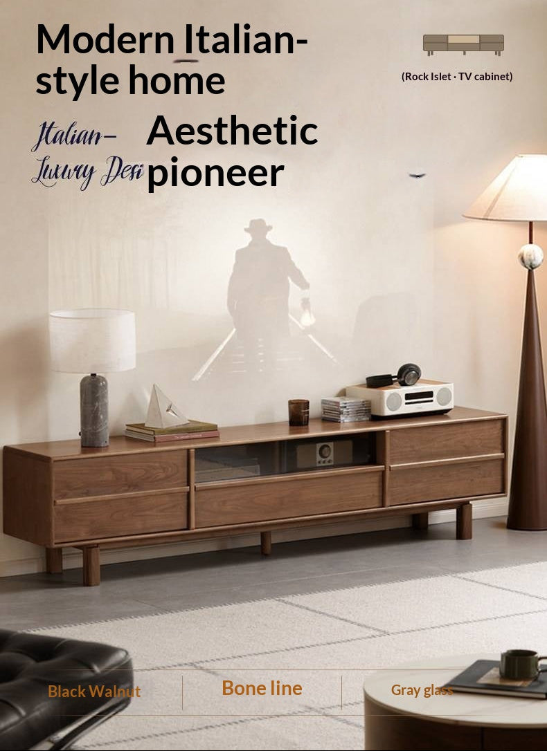 Black Walnut Solid Wood Luxury Style TV Cabinet with Slab Top and Storage