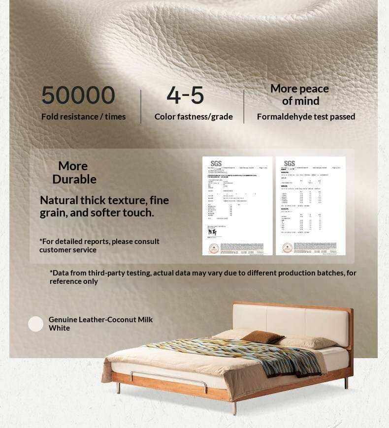 Cherry Solid Wood Bed with Modern Minimalist Design and Genuine Leather Headboard