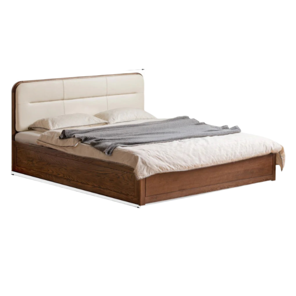 Oak Solid Wood Modern Genuine Leather, Organic Leather Storage Bed