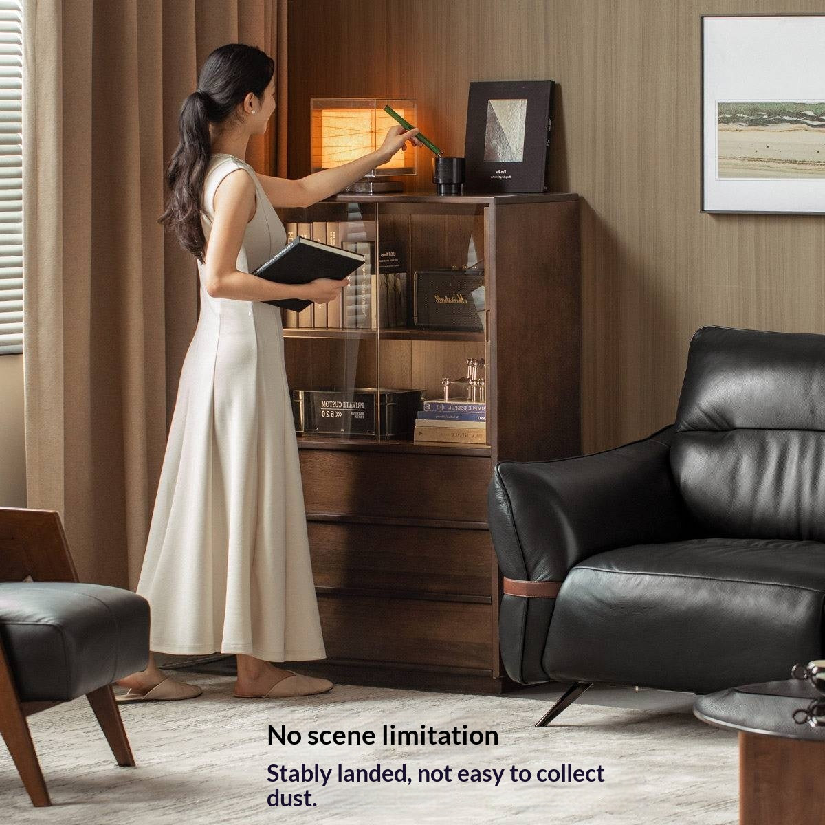 Sandalwood Solid Wood Tall Side Cabinet with Louvered Sliding Door and LED Lighting