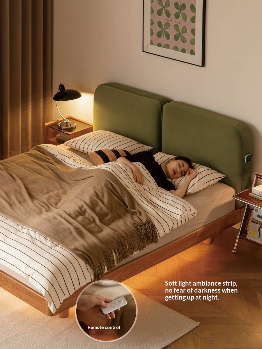 Cherry Solid Wood Upholstered Bed — Platform Bed, Headboard-Free Bed Floor Style, Simple Floating Bed