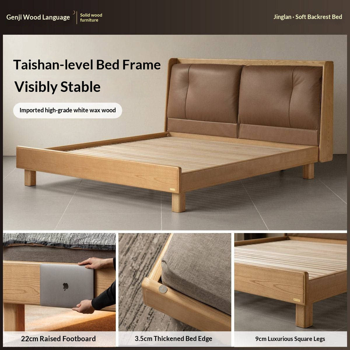 Ash Solid Wood Upholstered Floating Platform Bed with LED Lights