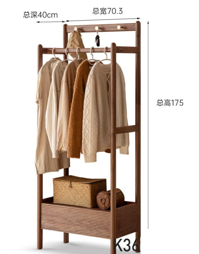 Black Walnut Solid Wood Floor to Floor Clothes Storage Rack<