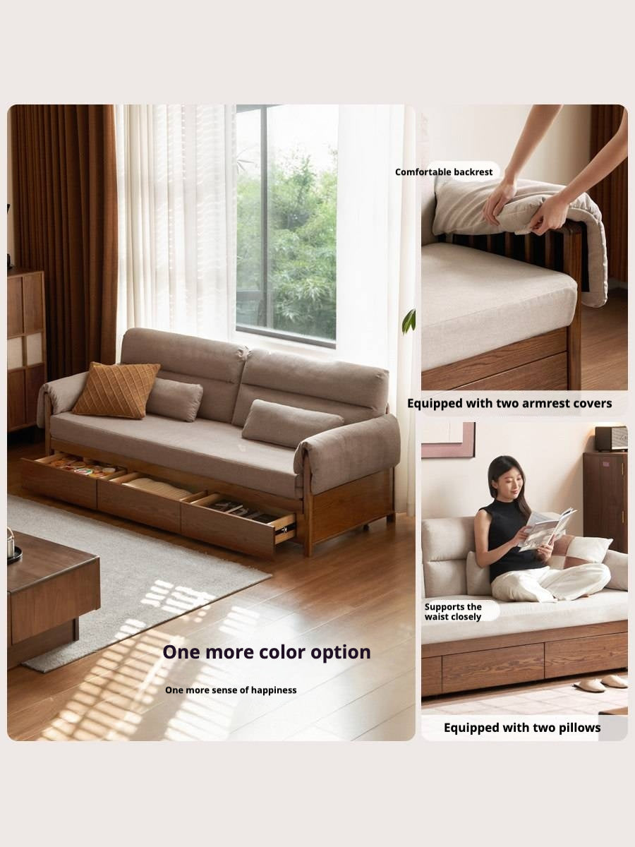 Oak Solid Wood Pull-Out Sleeper Sofa with Under-Seat Storage Drawers