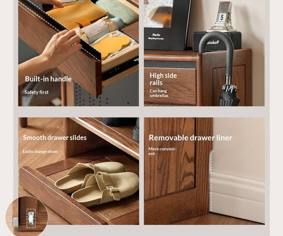 Oak Solid Wood Narrow Shoe Storage Cabinet with Flip-Top Compartment and Perforated Metal Door