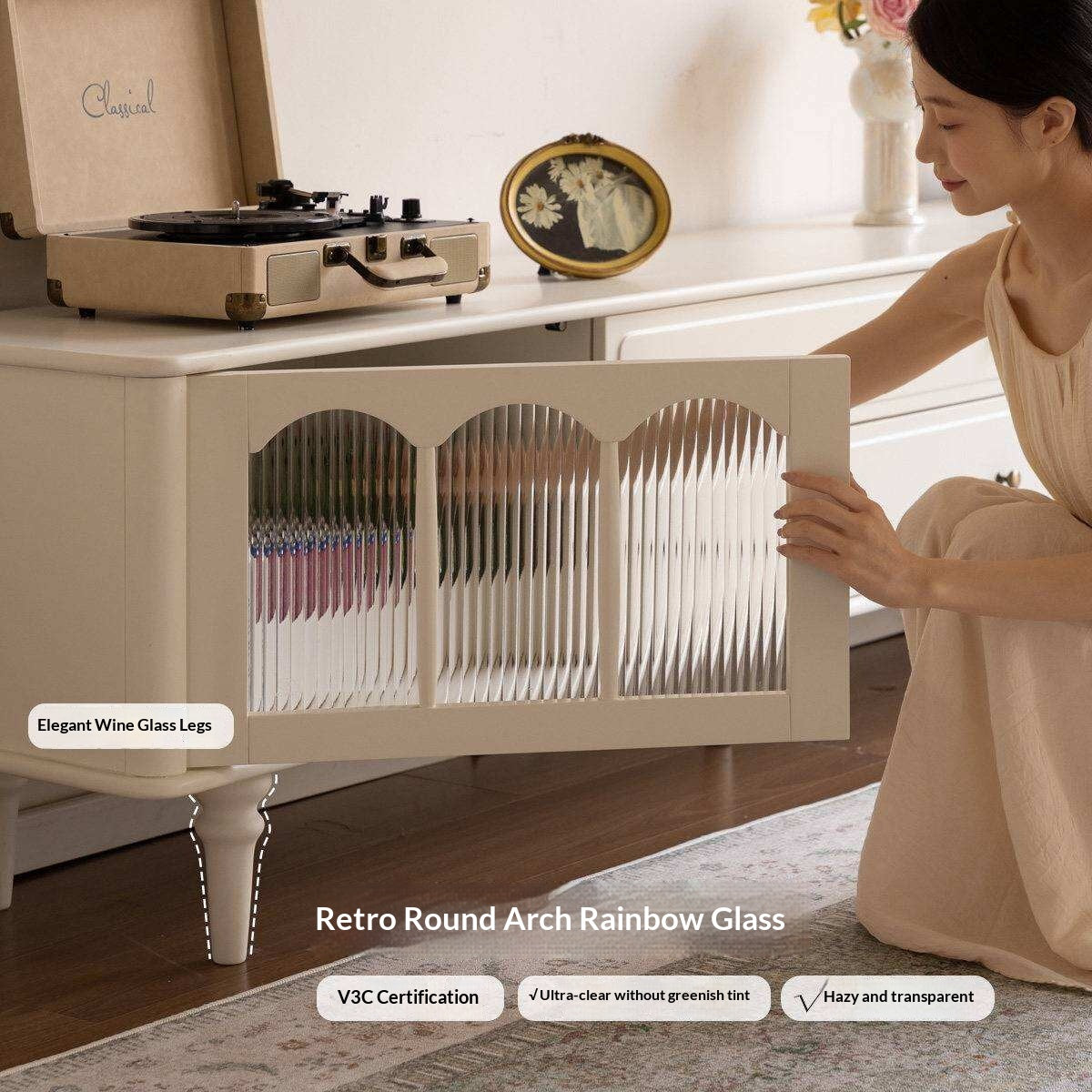 Solid Rubberwood TV Cabinet French Cream Style and Integrated Storage