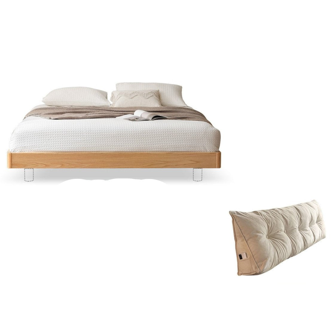 Oak Solid wood modern platform bed, headboard-free suspended bed with light