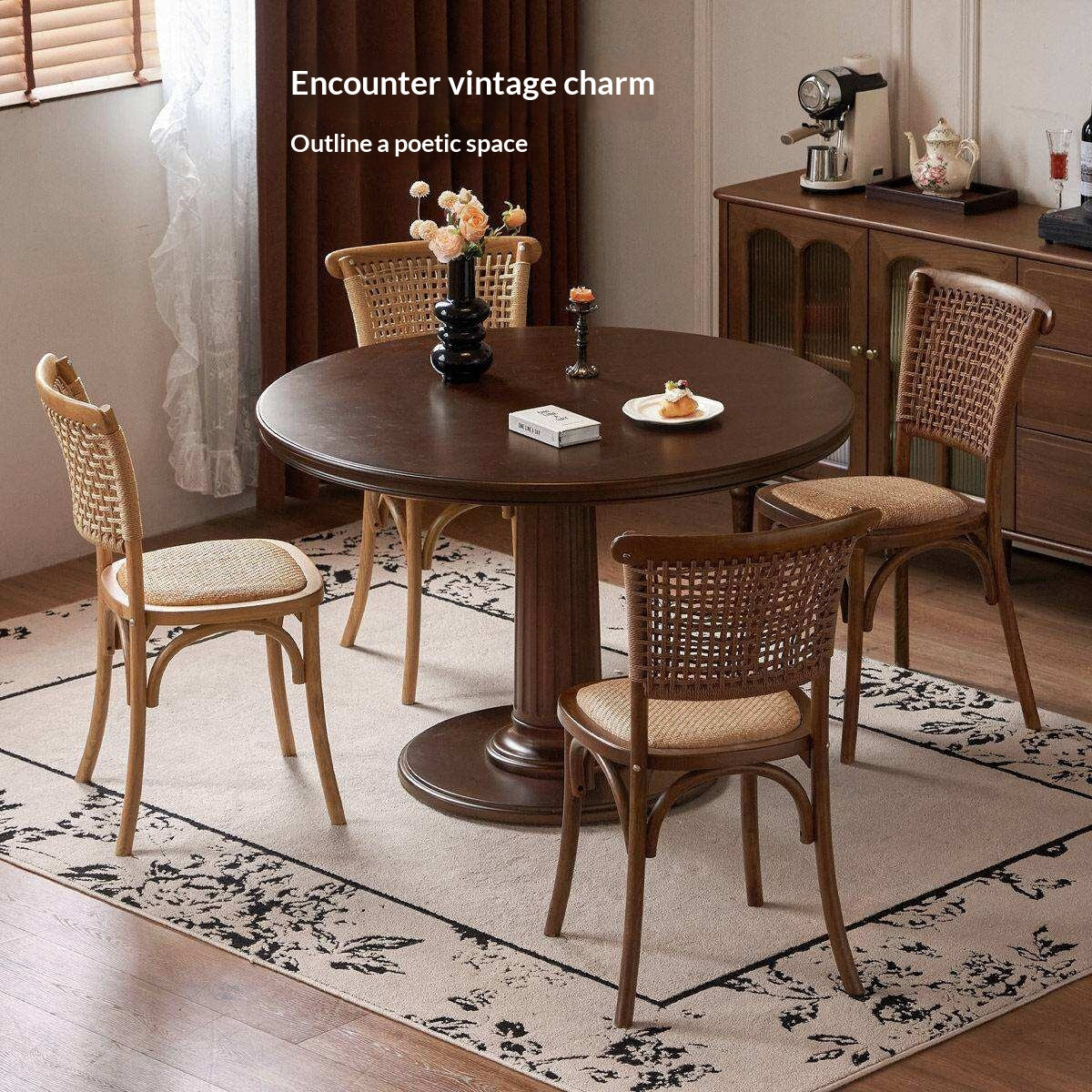 4 pcs -Oak Solid Wood Cane Back Dining Chair, Woven Rattan Side Chair