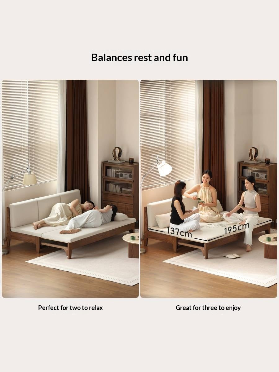 Oak Solid Wood Pull-Out Sofa Bed with Extended Sleeping Platform