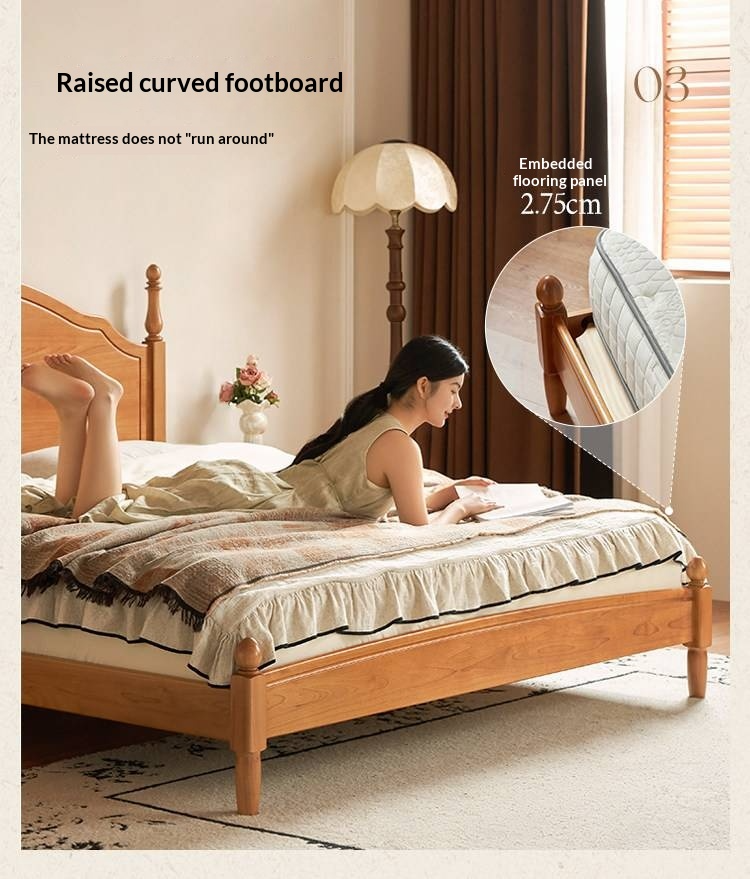 Birch Solid Wood Bed — French Retro Style, Large Slab Design, Mid-Range Style