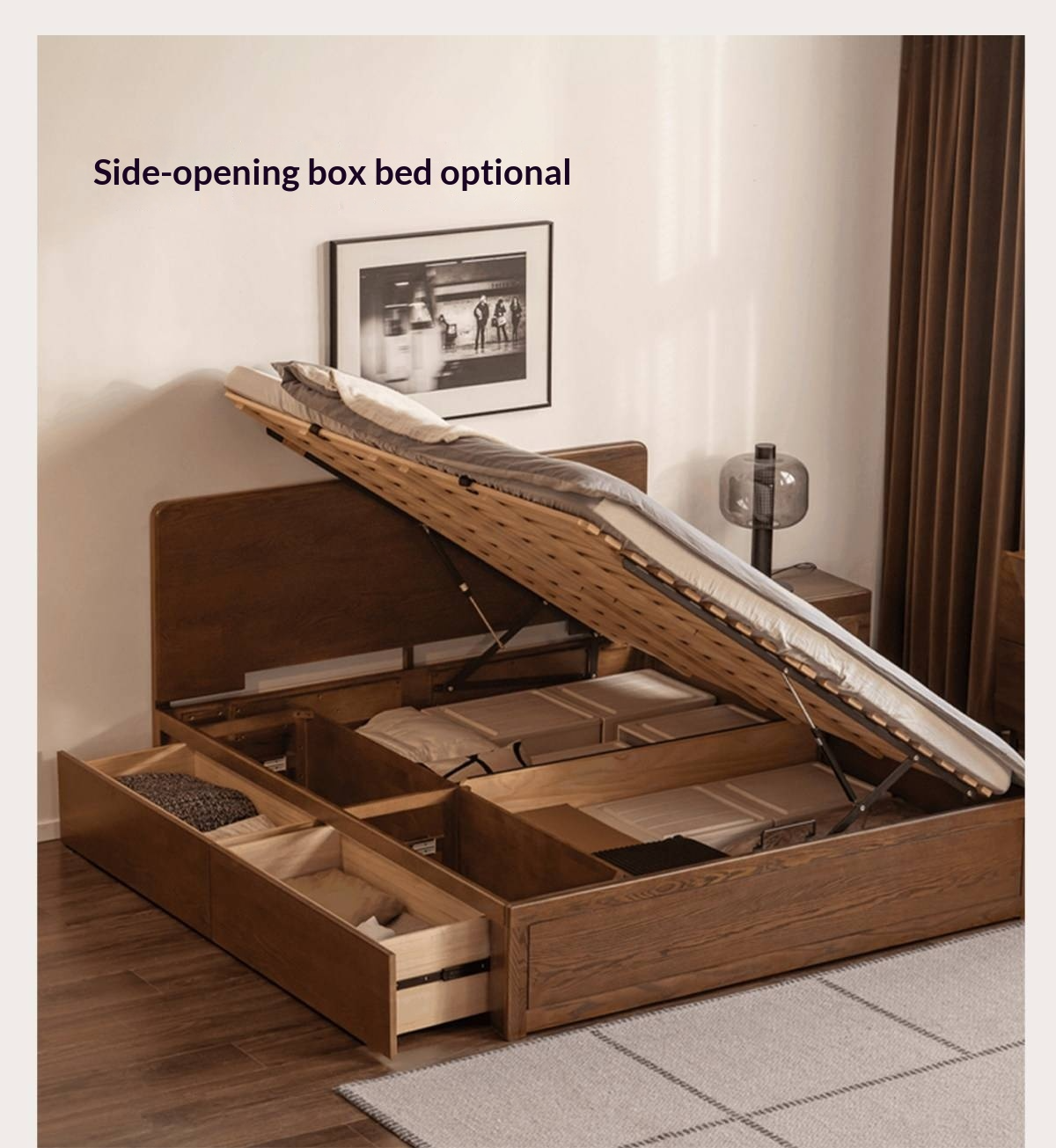 Oak Solid Wood Storage Platform Bed with Drawers, Walnut Color