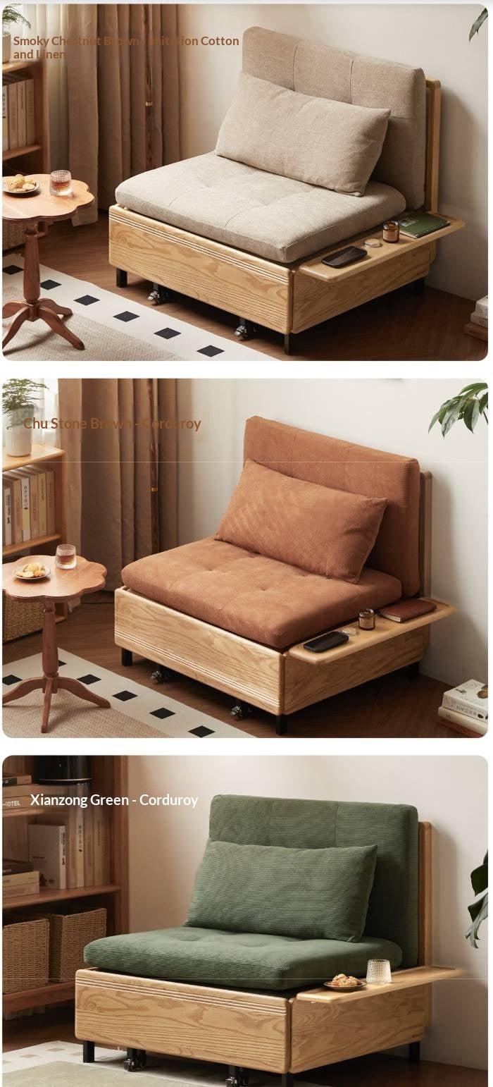 Oak Solid Wood Sleeper Sofa Chair Bed with Attached Fold-Out Side Tray