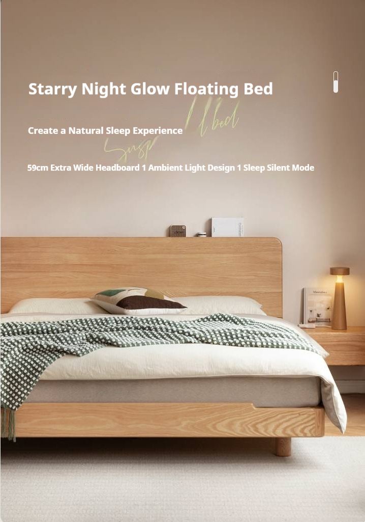 Oak, Ash Solid Wood Luminous Suspended Bed, Nordic Style