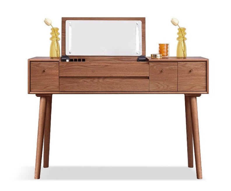 Oak solid wood Walnut color three drawer dressing table Mirror LED touch"