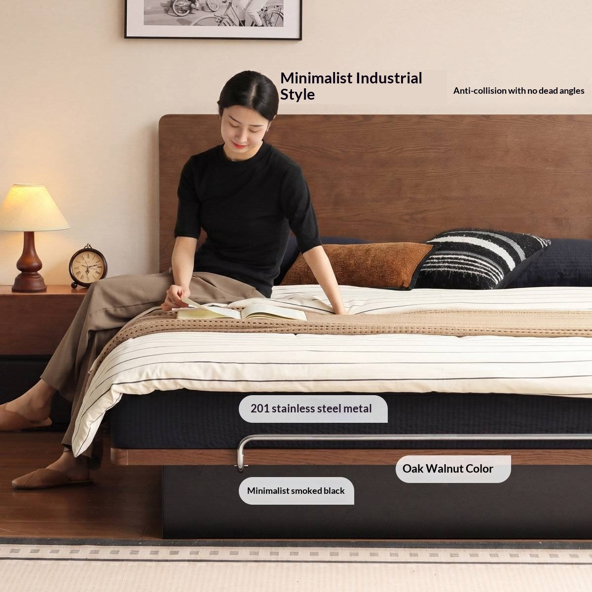 Oak Solid Wood Mid-Century Floating Storage Bed with Lift-Up Storage Box