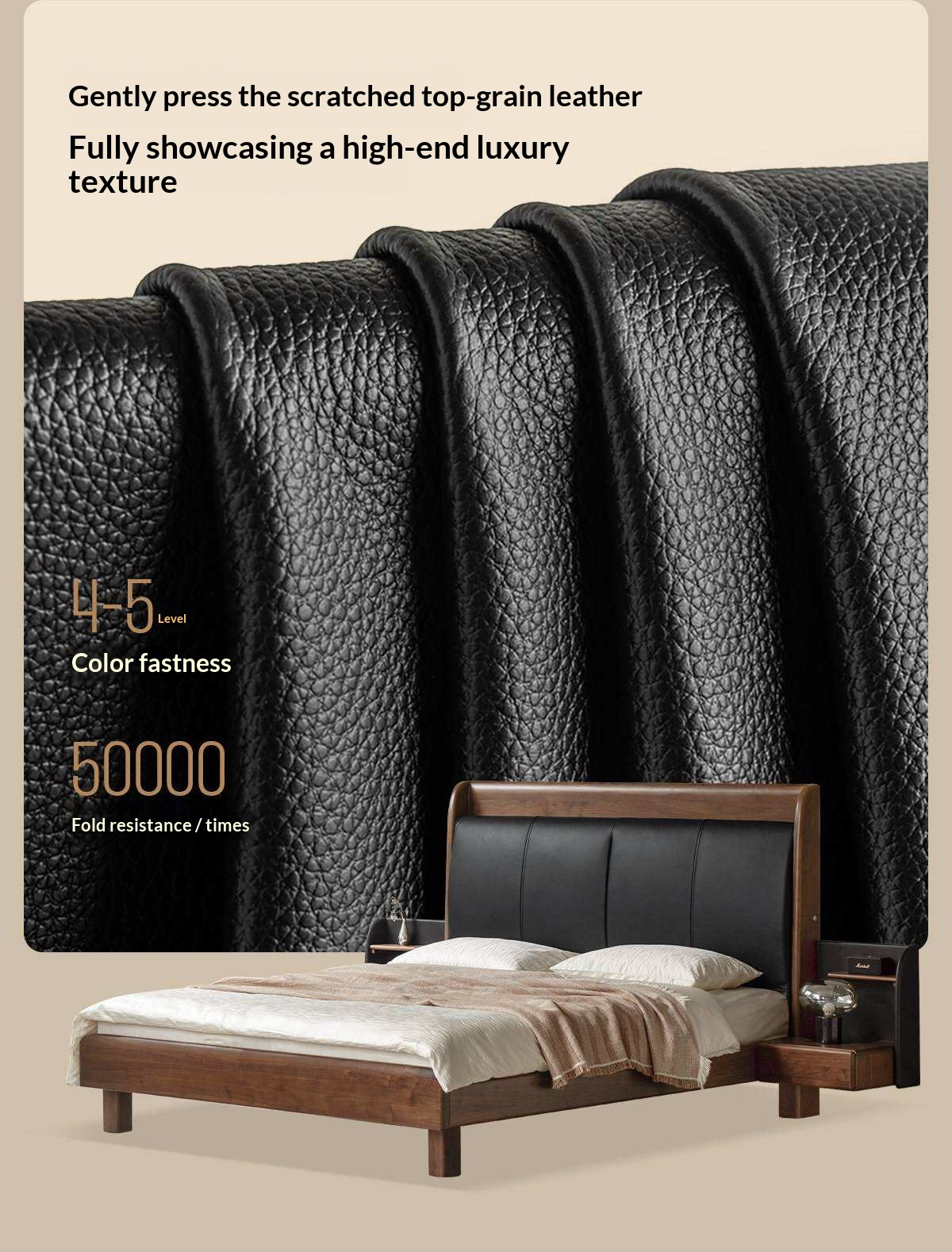 Black Walnut Solid Wood Genuine Leather Curved Leather Bed with Floating Base and LED Lighting