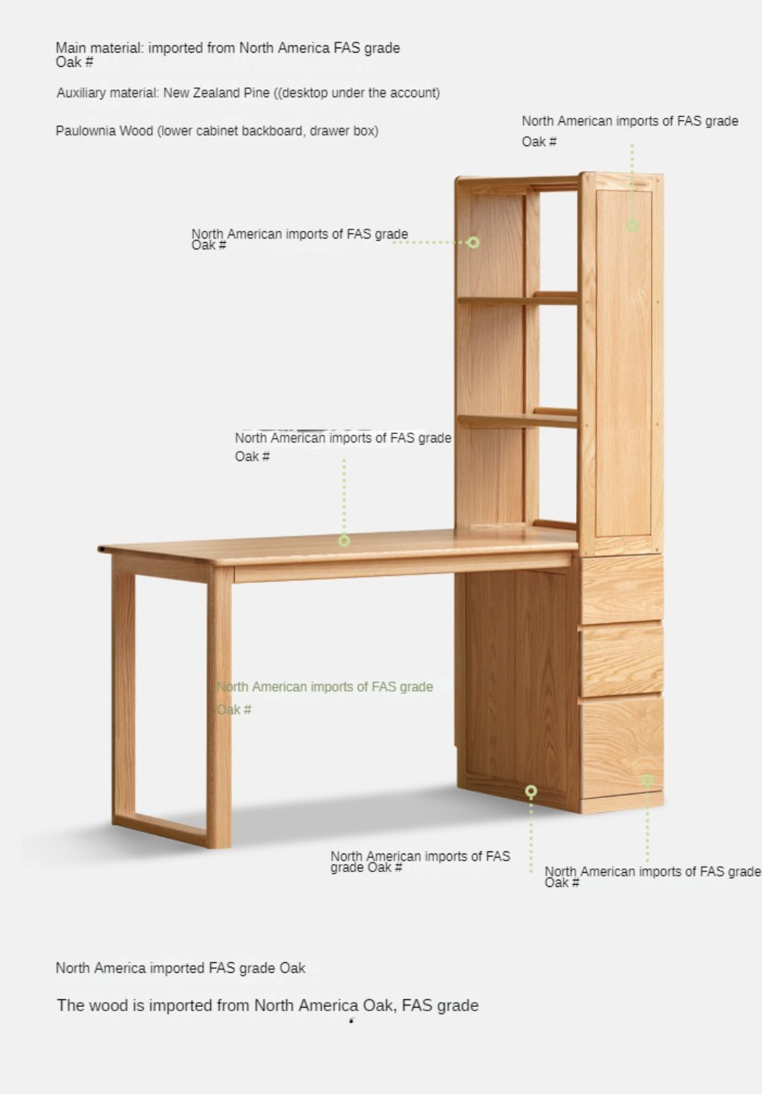 Oak Solid Wood Desk with Bookshelf and Drawer