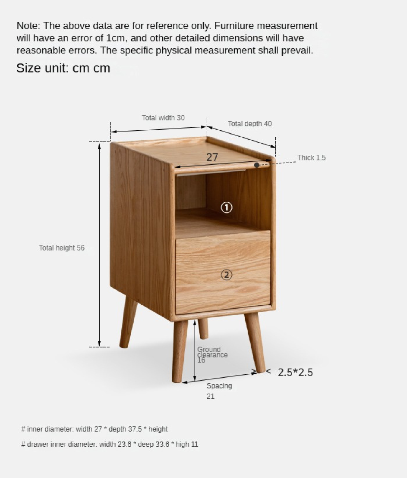 Oak, Beech, Cherry solid wood ultra-narrow Nightstand :