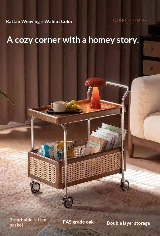 Oak Solid Wood Side Table with Double Layer Storage and Mobile Trolley