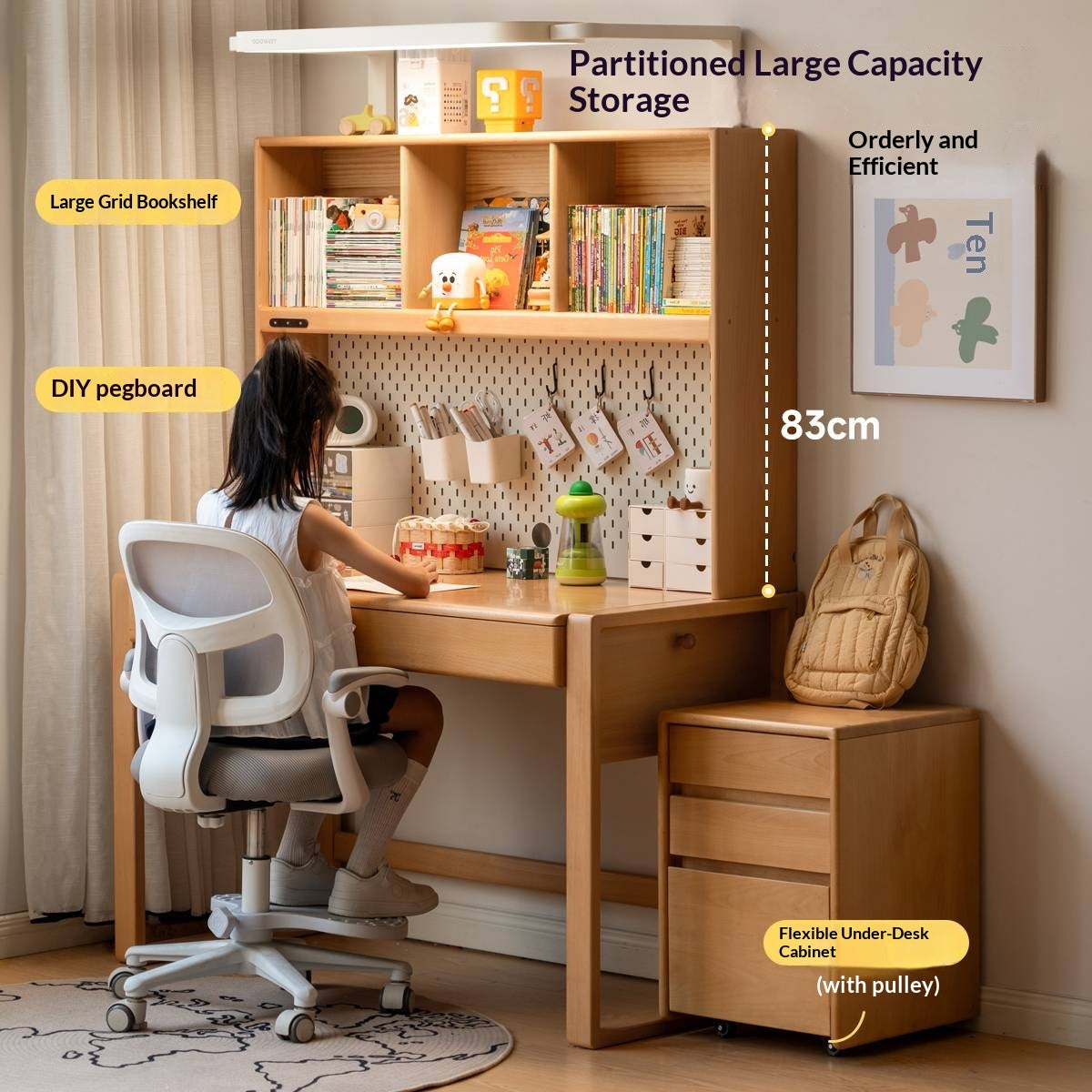 Beech Solid Wood Adjustable Height Children's Study Desk With Integrated Bookshelf