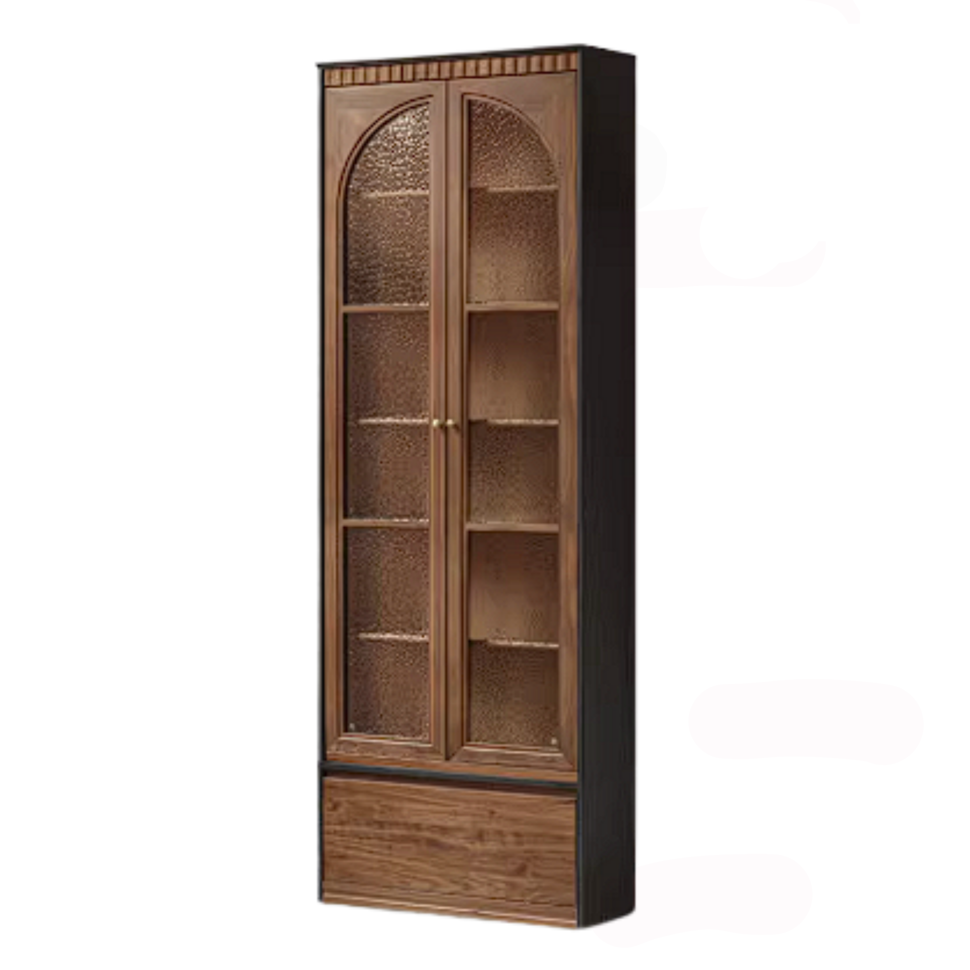 Black Walnut Solid Wood Bookcase with French Retro Display Cabinet