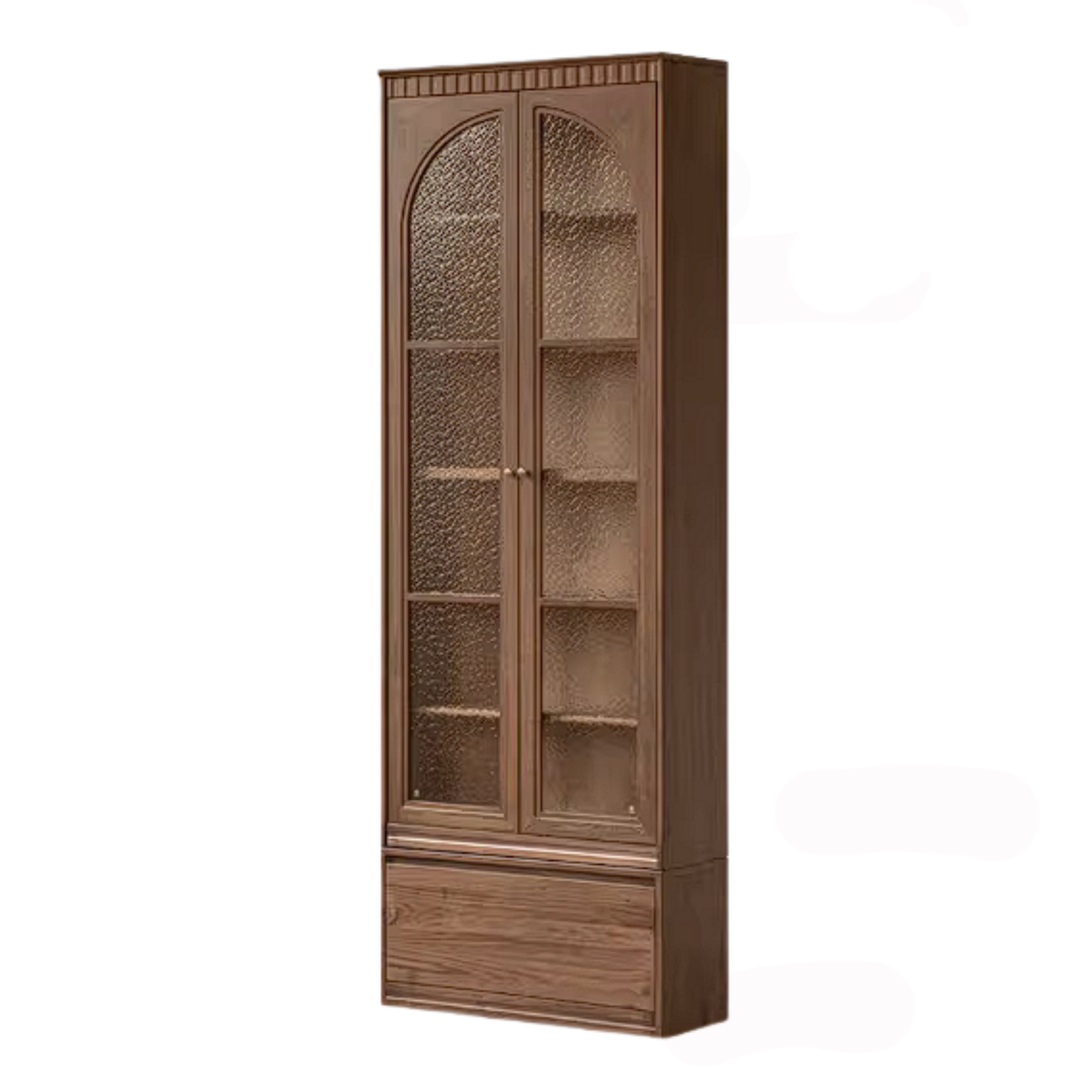 Black Walnut Solid Wood Arched Vintage Bookcase with Glass Door and Storage Drawer