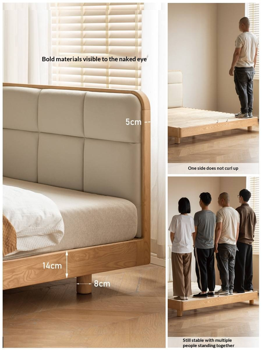 Ash Solid Wood Bed with Top Grain Cowhide Upholstery in Modern Minimalist Style