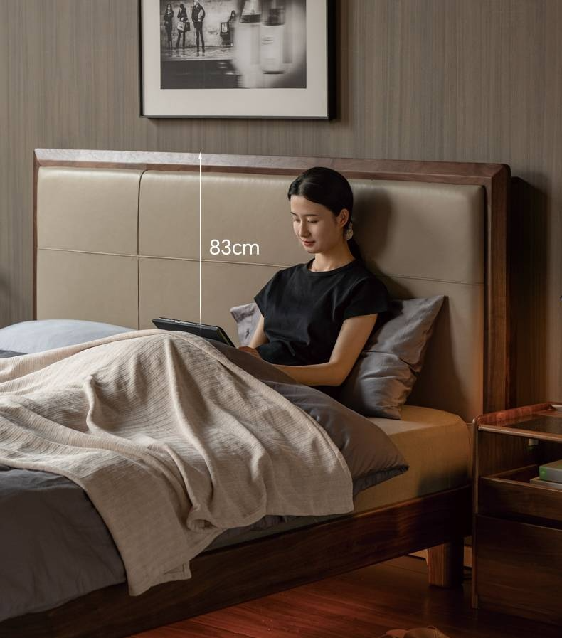 Black Walnut, Oak Solid Wood Italian Light Luxury Genuine Leather Soft Headboard Luminous Bed