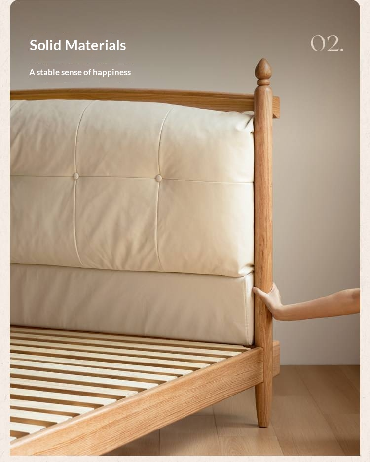 Oak Solid Wood Bed — Modern Minimalist with Genuine Leather and Soft Headboard
