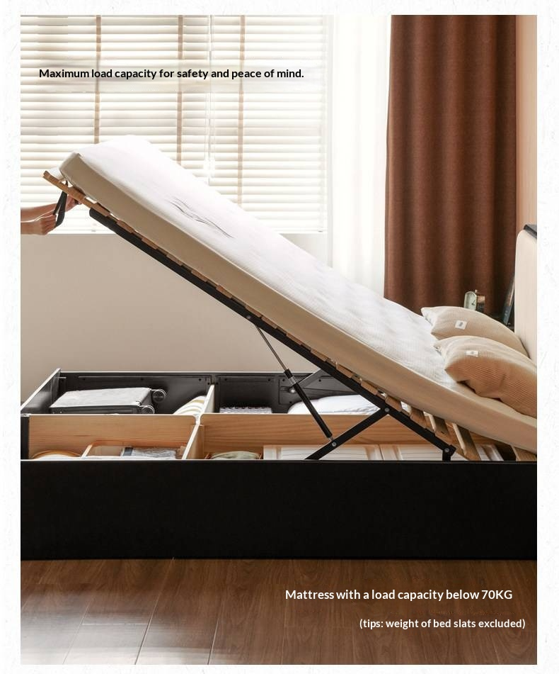 Rubberwood Solid Wood Box Bed — Modern Minimalist Black Upholstered Bed with Storage and Genuine Leather