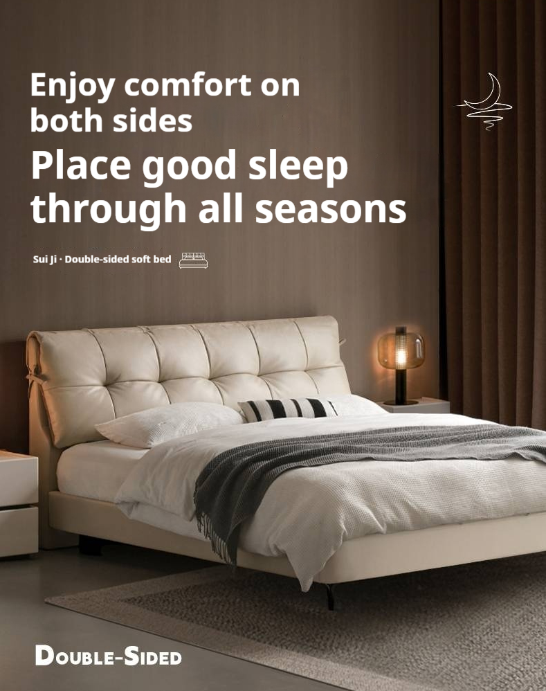 Genuine Leather Italian Light Luxury White Soft Headboard Bed