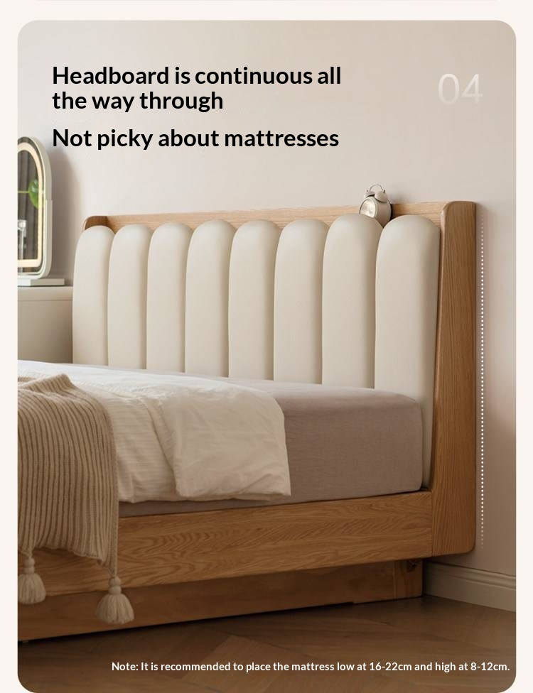 Oak Solid Wood Box Bed — Suspension and Upholstered with Genuine Leather  Piano Key Design