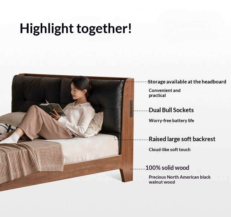 Black Walnut, Sandalwood Solid Wood Bed — Genuine Leather Upholstered, Simple Luxury Design