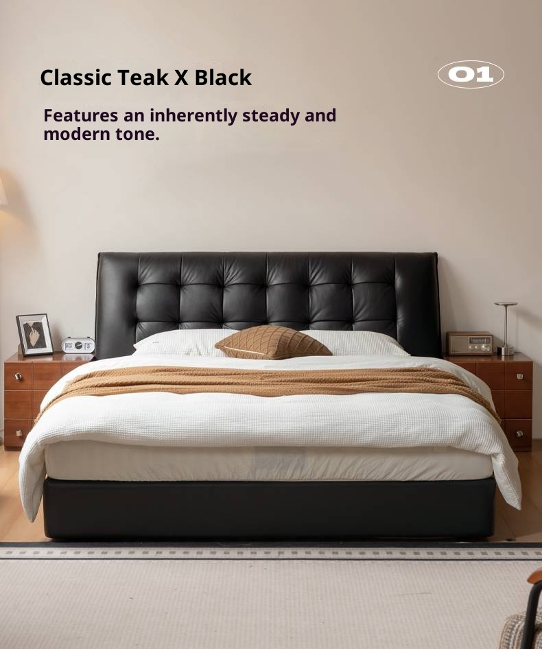 Genuine Leather Black Light Luxury Soft Box Bed