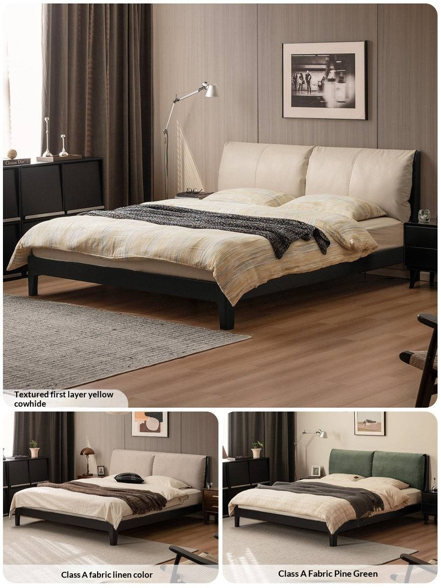 Rubberwood Solid Wood Bed — Modern Minimalist Design with Upholstered Genuine Leather