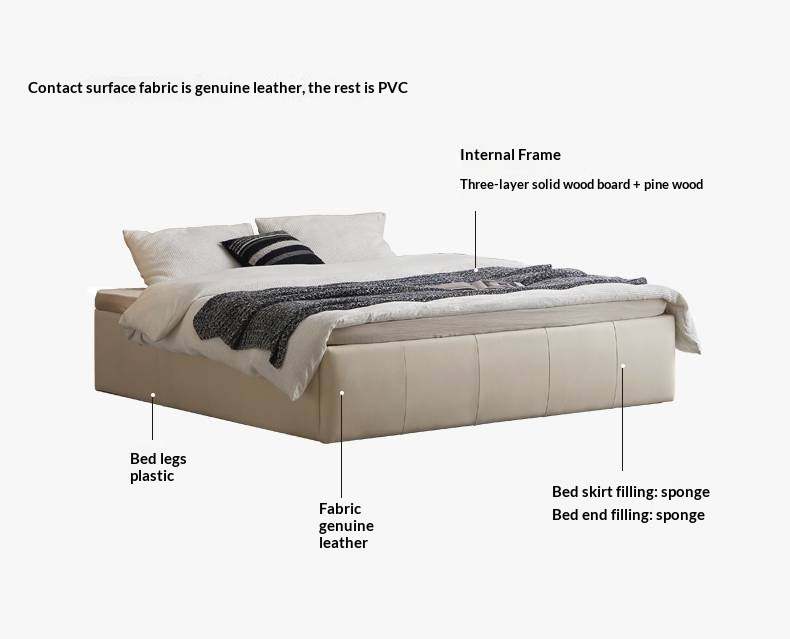 Genuine Leather Luxury Platform Box Bed, Headboard-Free Bed