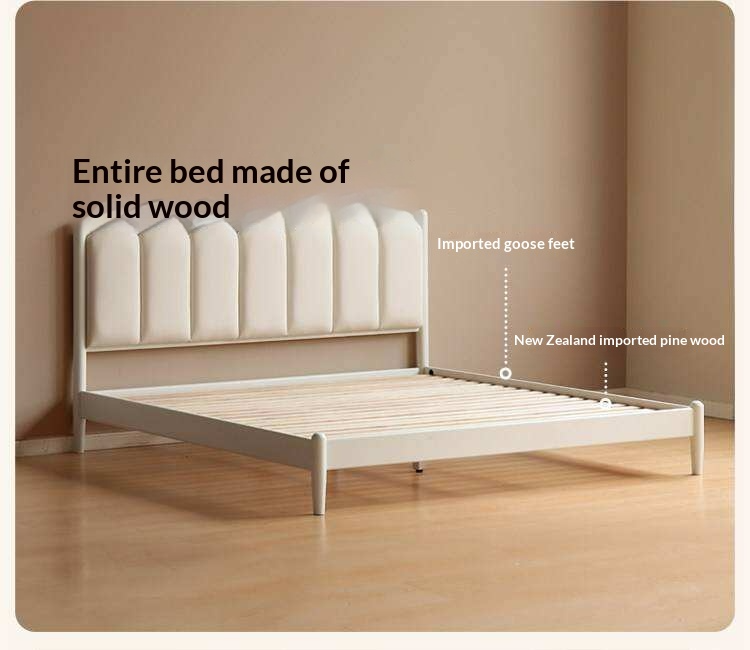 Rubberwood Solid Wood Upholstered Bed with Scalloped Headboard, French Cream Style