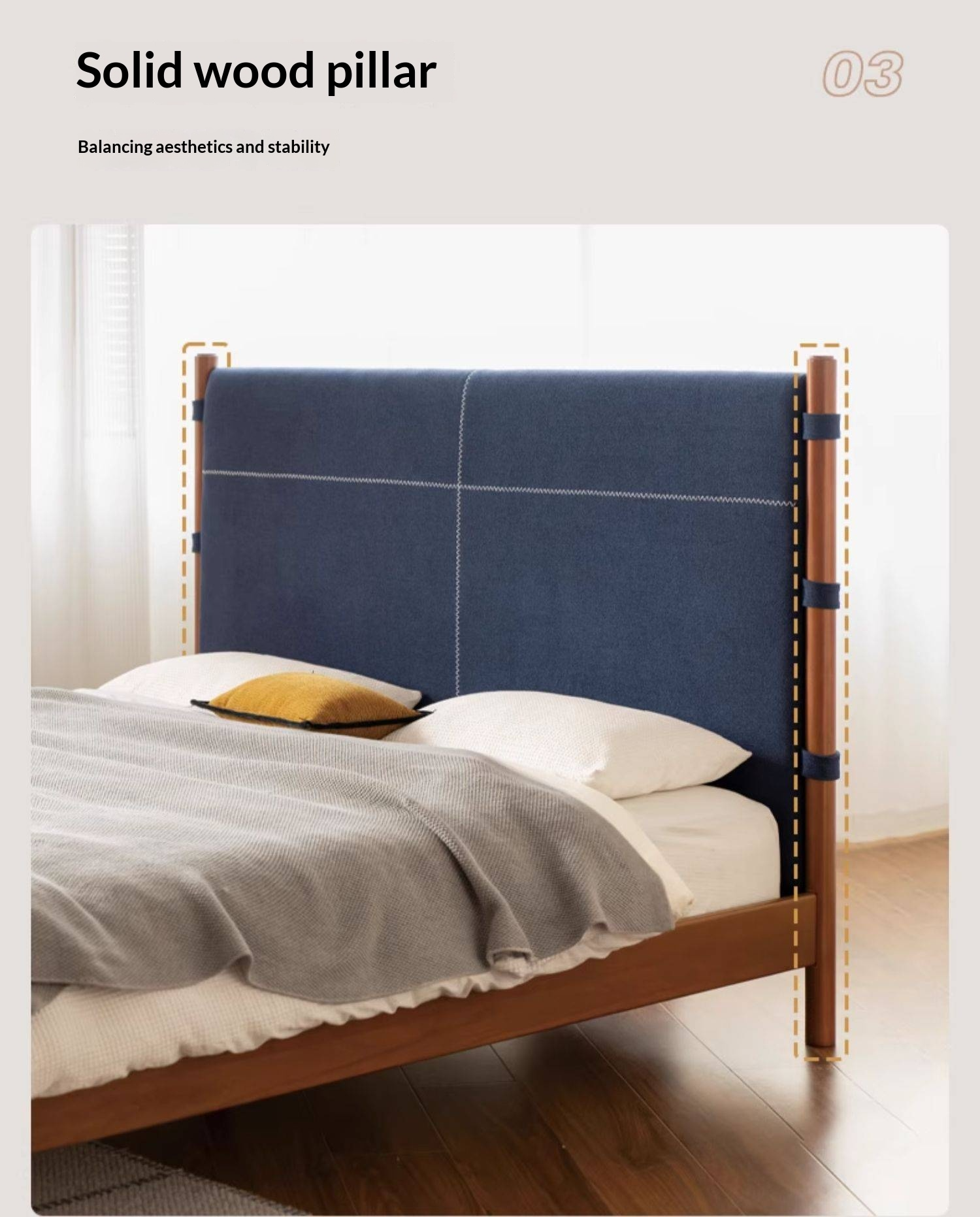 Poplar Solid Wood Bed with Vintage High Backrest and Soft Upholstery