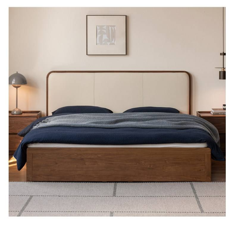 Black Walnut Solid Wood Box Bed — Soft Headboard, Italian Light Luxury Genuine Leather Bed
