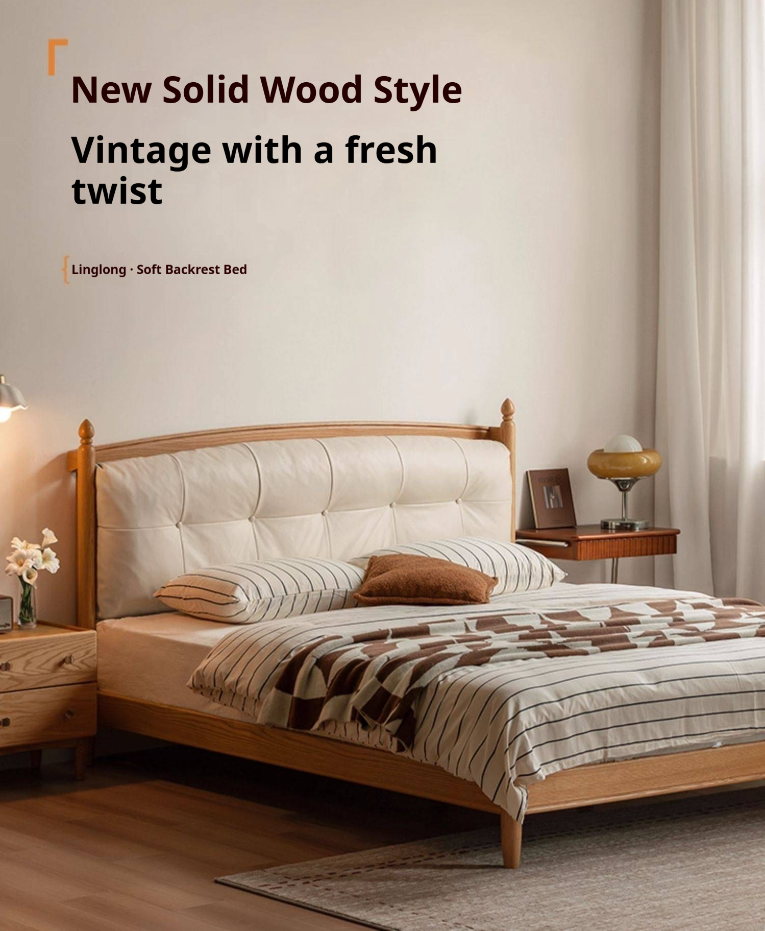 Oak Solid Wood Bed — Modern Minimalist with Genuine Leather and Soft Headboard