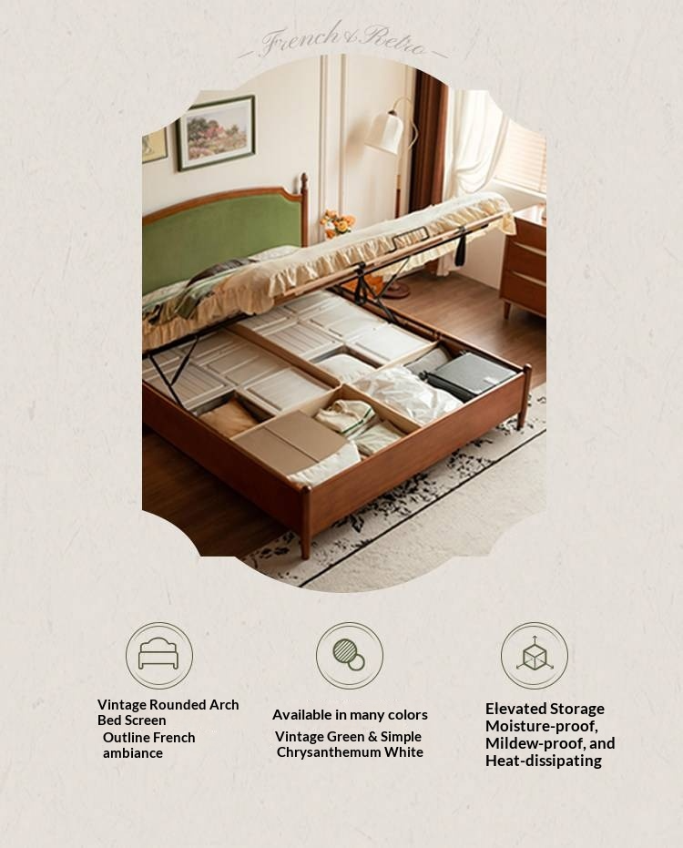 Poplar Solid Wood Box Bed — French Retro Style with Soft Backrest and Mid-Fashion Design