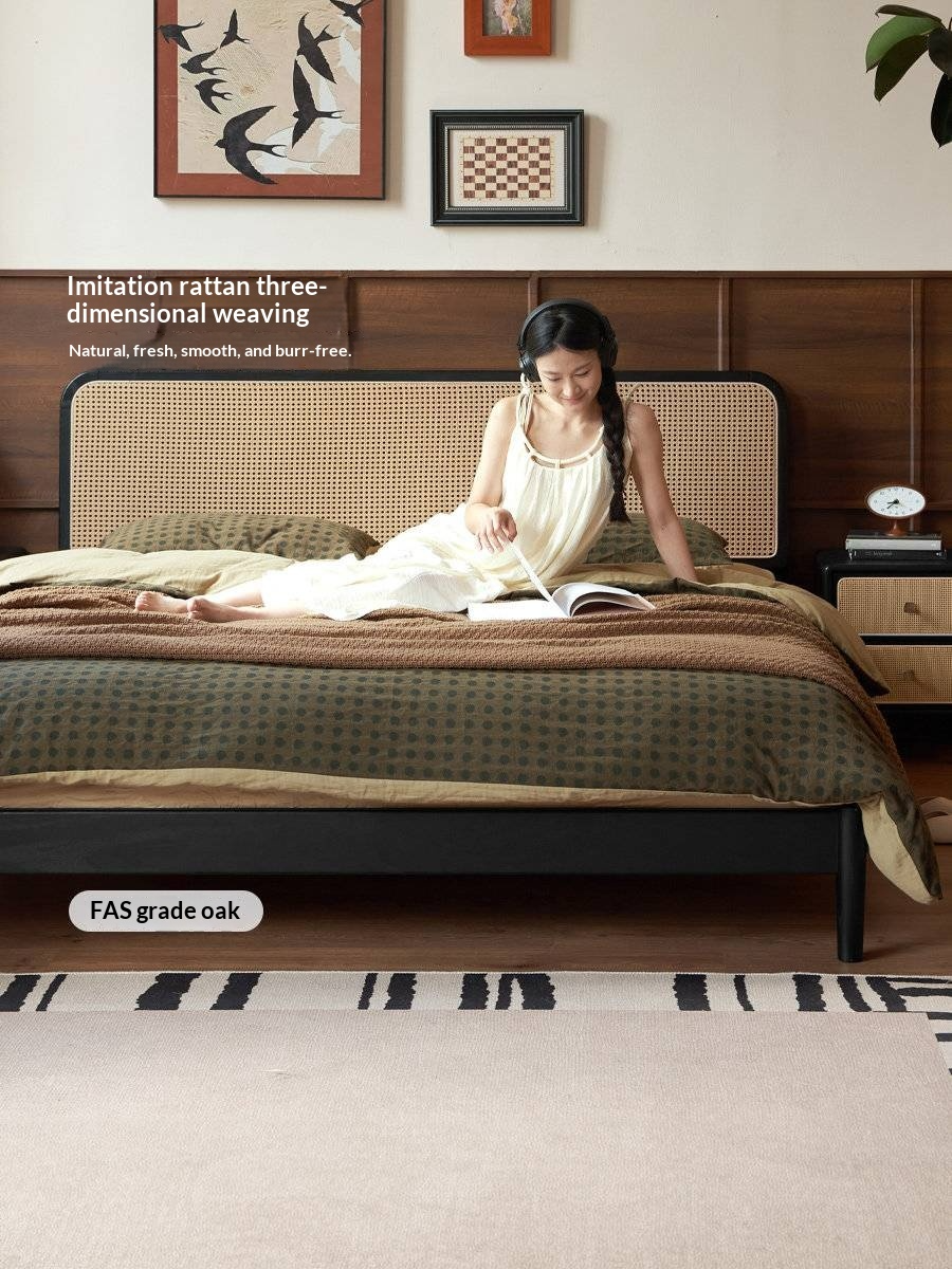 Oak Solid Wood Bed — Black Slab Rattan Vintage Style Bed