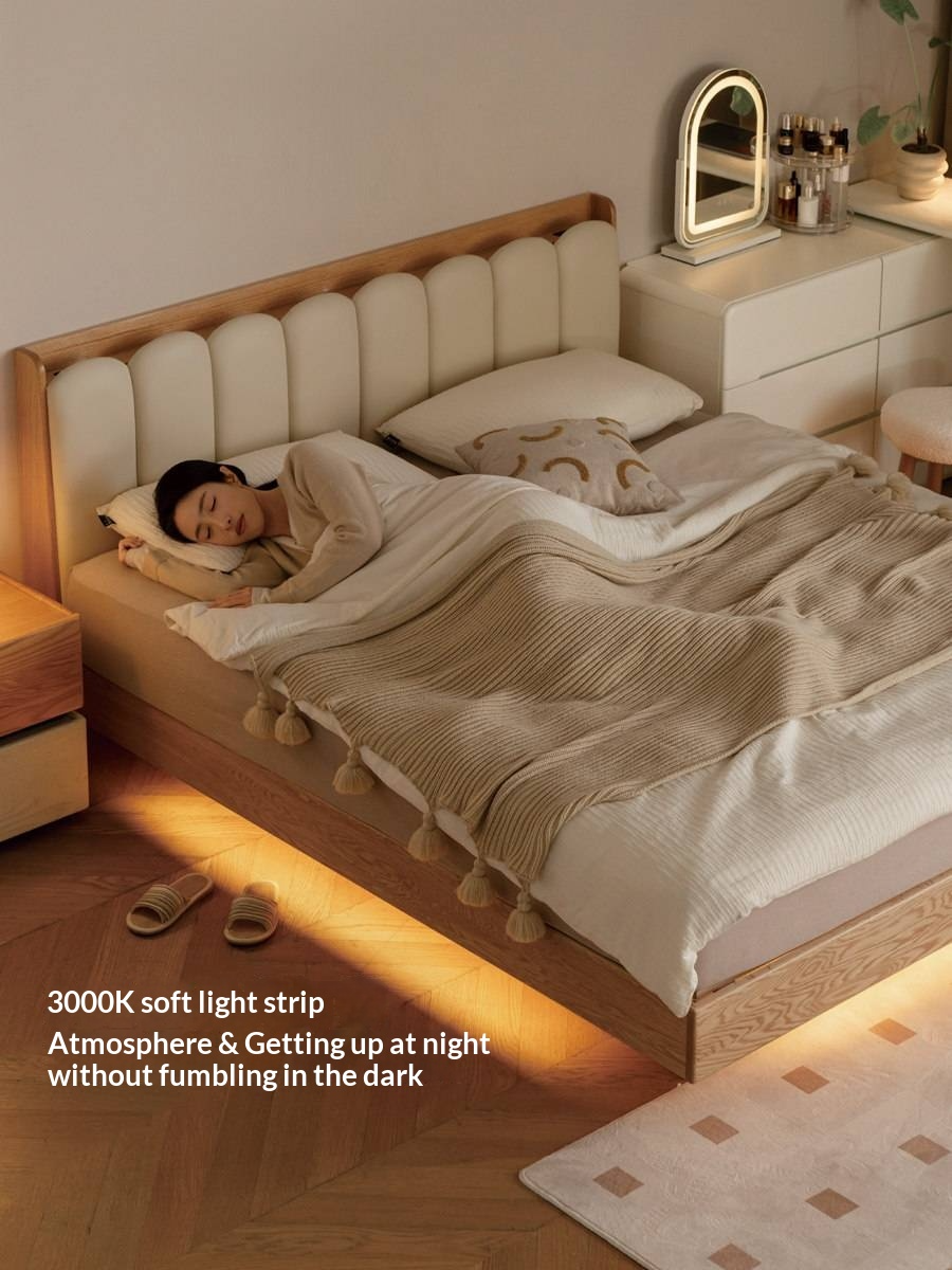 Oak Solid Wood Box Bed — Suspension and Upholstered with Genuine Leather  Piano Key Design